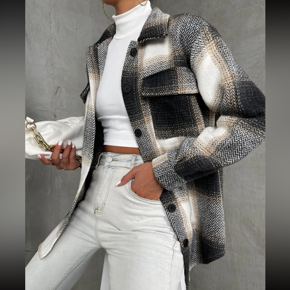 Boho plaid button up flap pocket overcoat